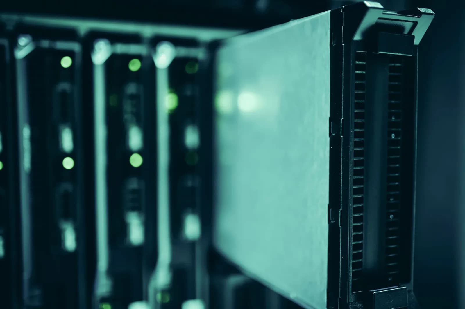 Close-up of server hardware in a data center rack.