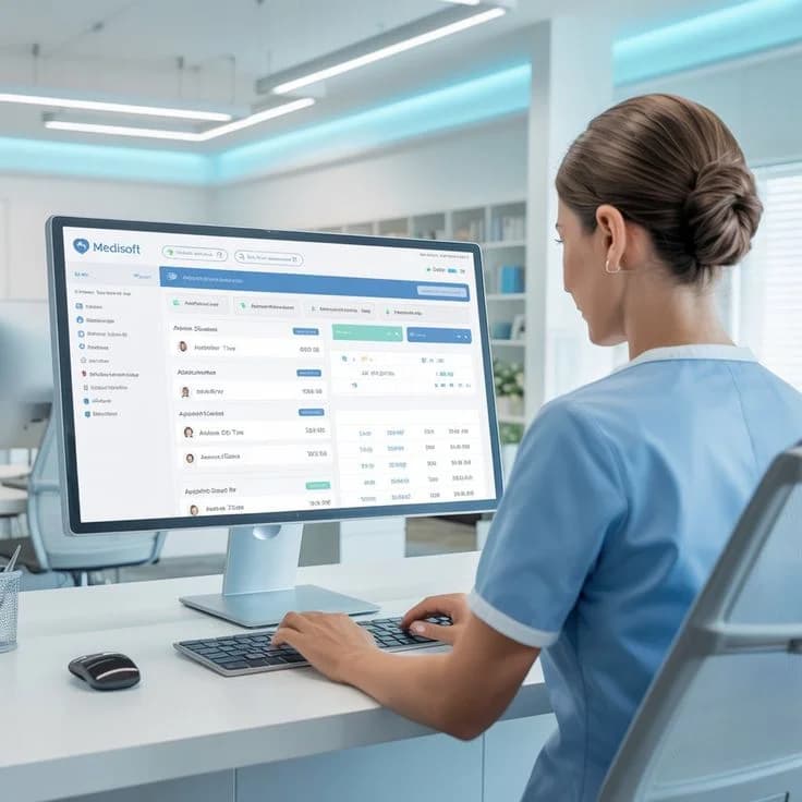 A clinical operations dashboard on a desktop monitor, representing structured health-data interfaces.