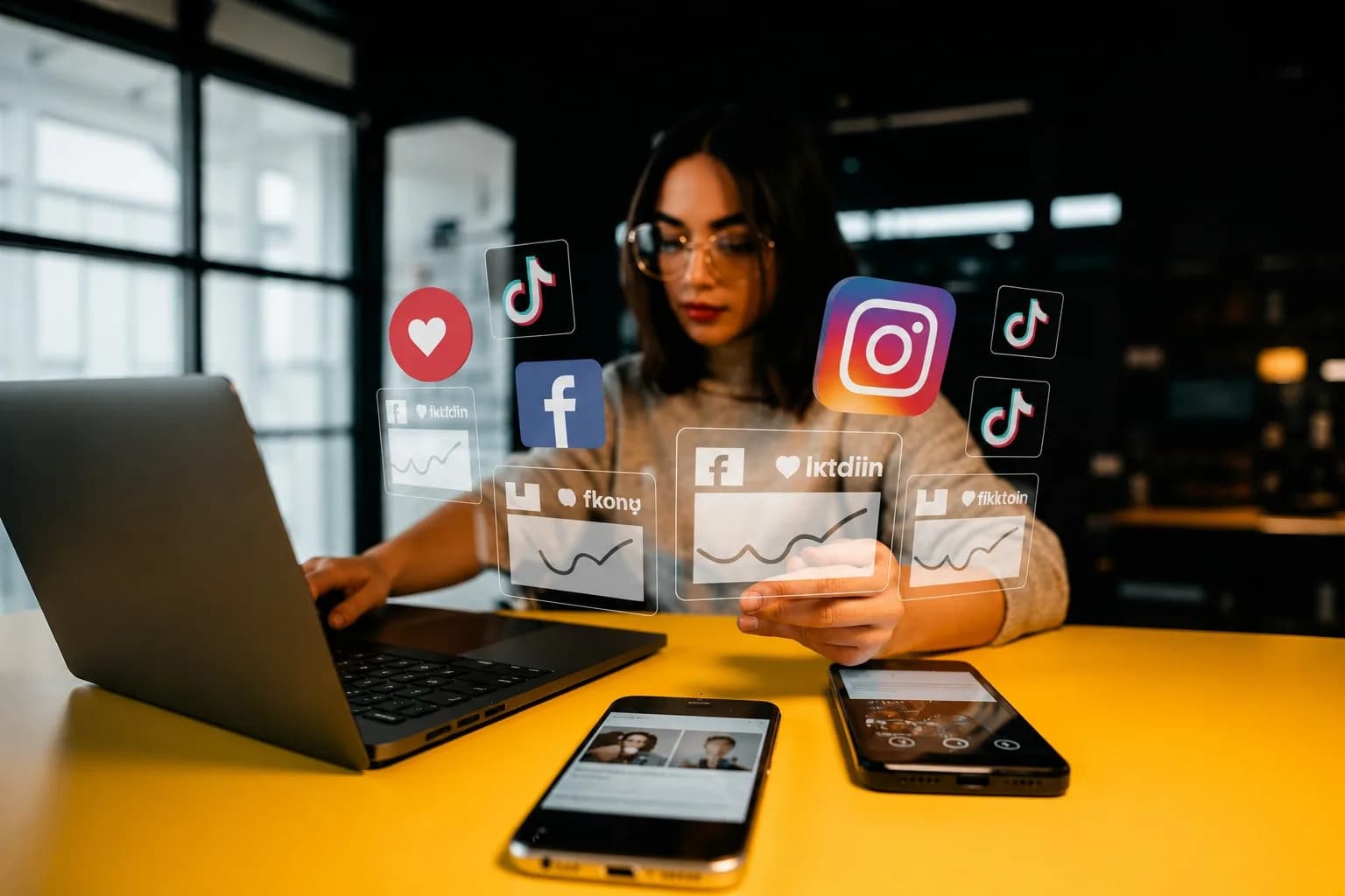 A marketer reviewing social and campaign performance dashboards across a laptop and phone.