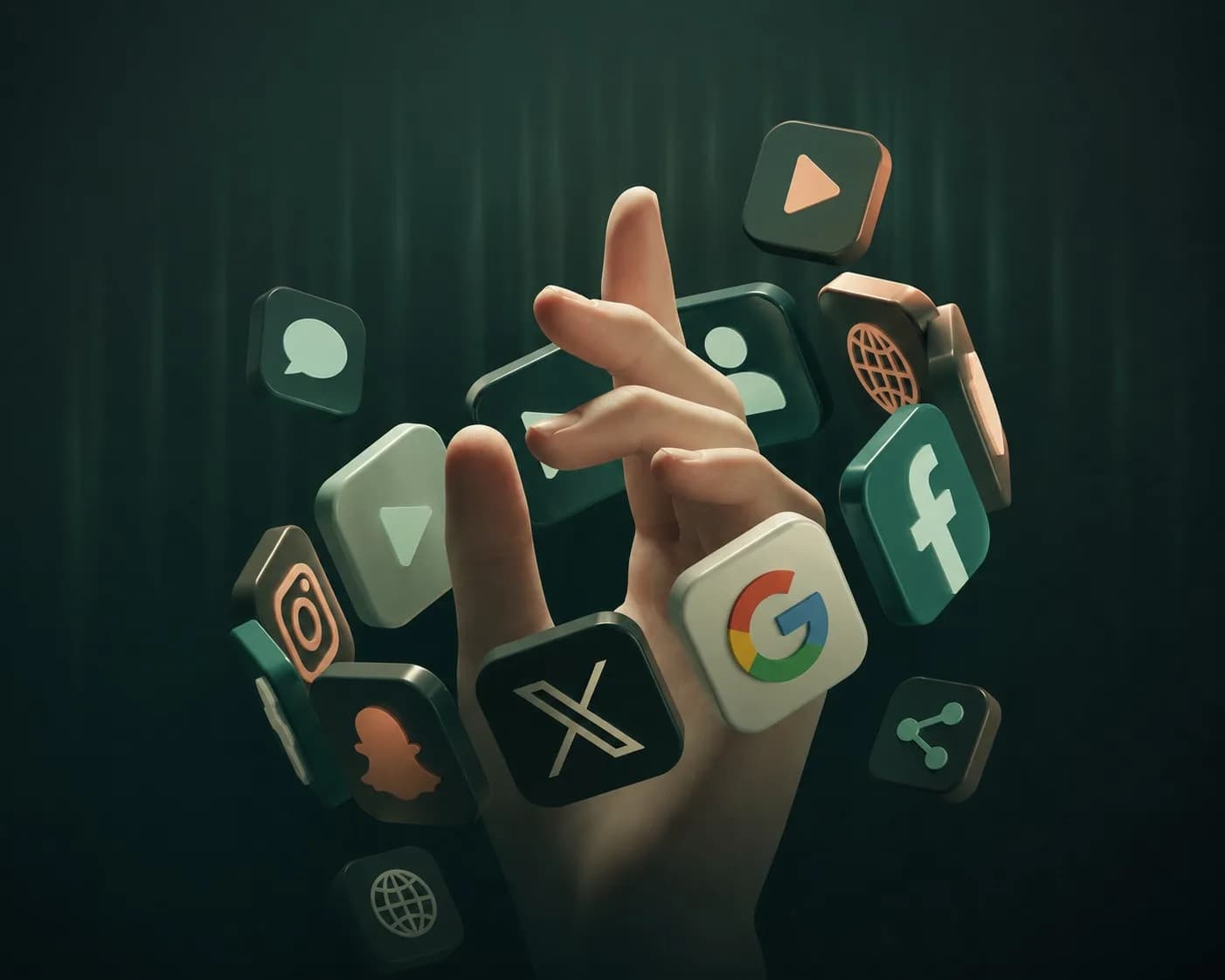 A hand reaching toward a set of app and platform icons, representing the range of digital products engineered end to end.